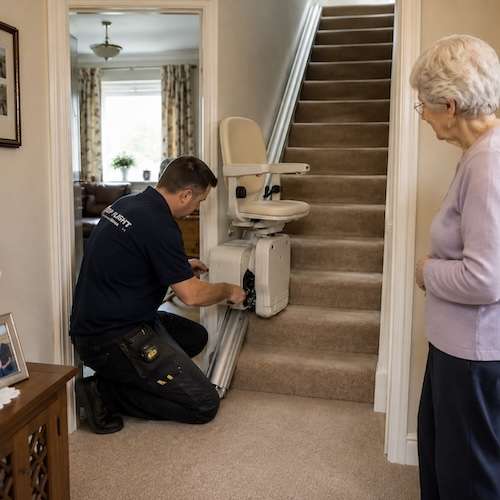 Engineer working on and servicing a stairlift in Blackpool