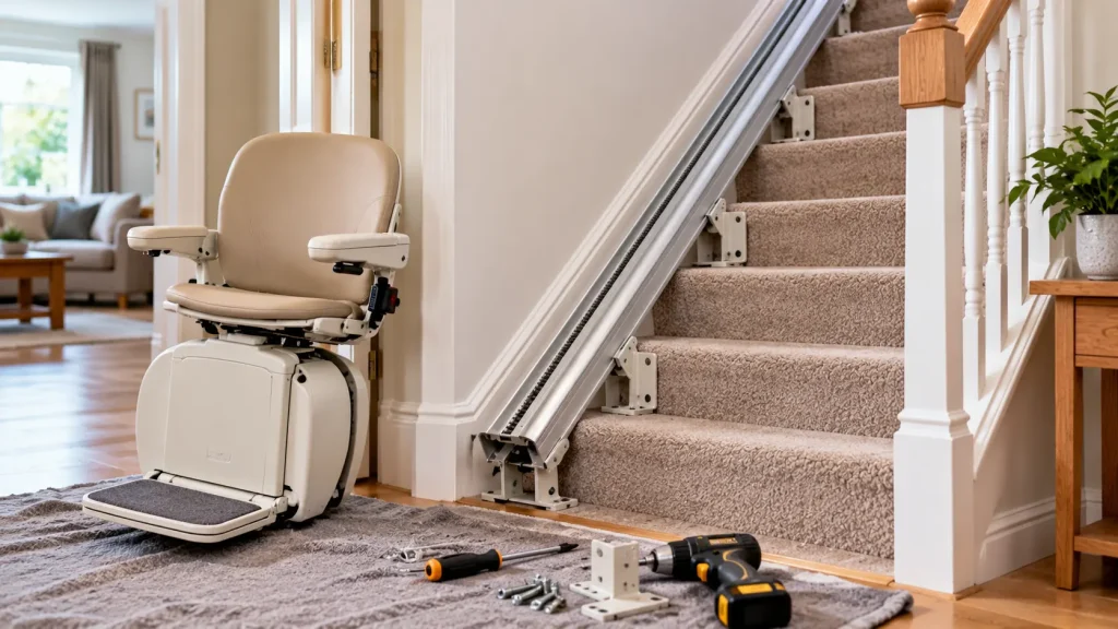 Professional removing a stairlift from a staircase in a UK home