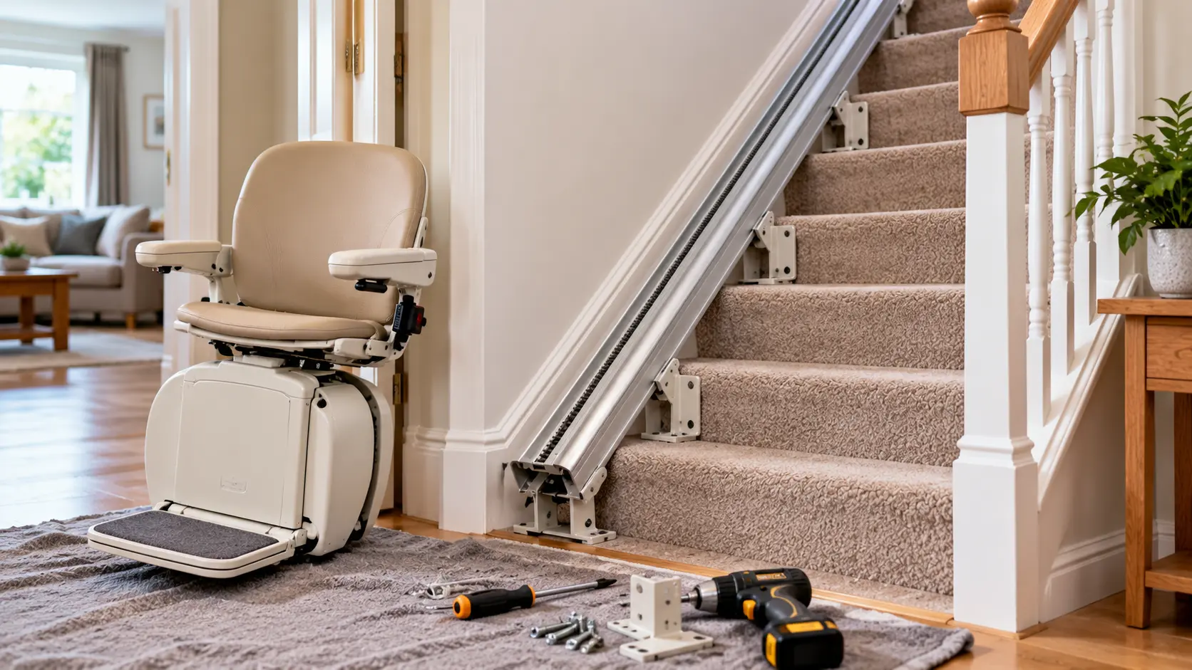 Professional removing a stairlift from a staircase in a UK home